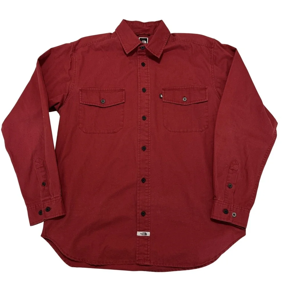 North Face Men's Long Sleeve Button-Up Camp Shirt 100% Cotton Red Size Medium